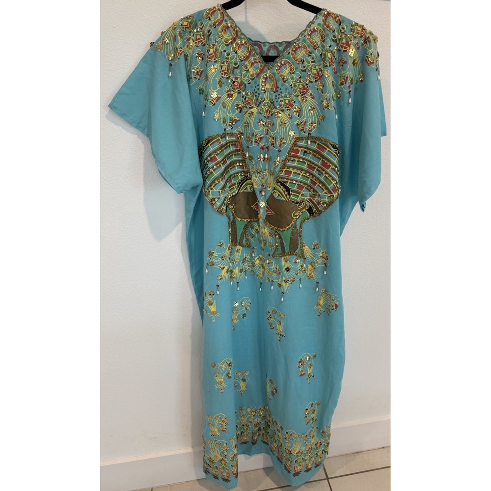 Egyptian Kaftan Dress Hand Painted  Sequin Beaded Nefertiti Turquoise